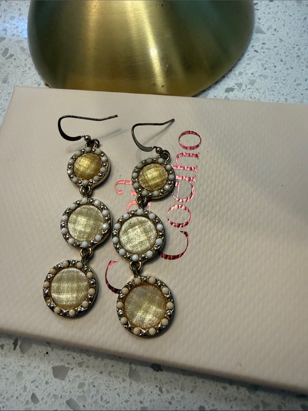 Gold-Tone Triple Disc Drop Earrings with Pearl Trim